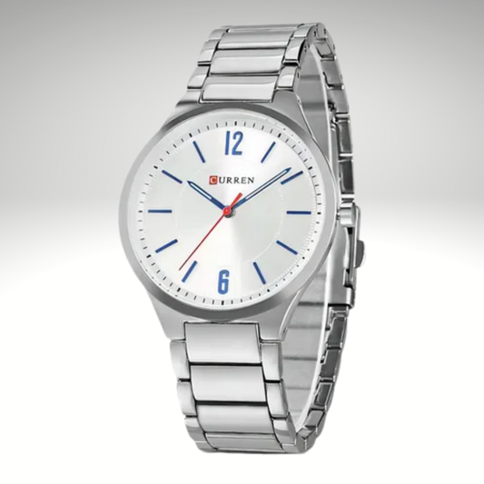 RELOJ CURREN DE CABALLERO METÁLICO 8280 - BLANCO CON NÊMEROS AZULES