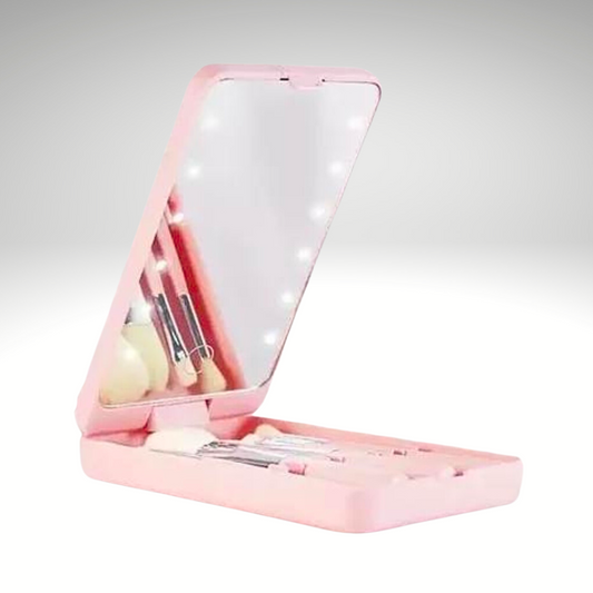 ESTUCHE DE ESPEJO LED DE MAQUILLAJE ROTATIVO CON BROCHAS