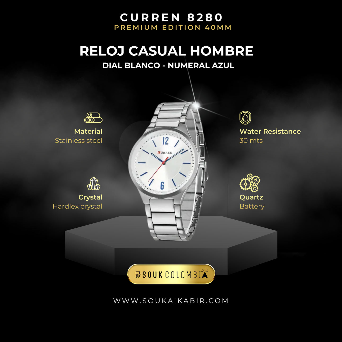 RELOJ CURREN DE CABALLERO METÁLICO 8280 - BLANCO CON NÚMEROS AZULES