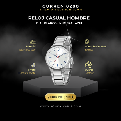 RELOJ CURREN DE CABALLERO METÁLICO 8280 - BLANCO CON NÚMEROS AZULES