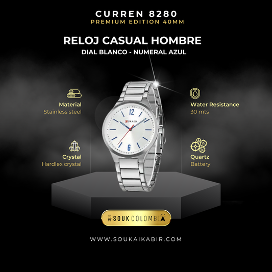 RELOJ CURREN DE CABALLERO METÁLICO 8280 - BLANCO CON NÚMEROS AZULES