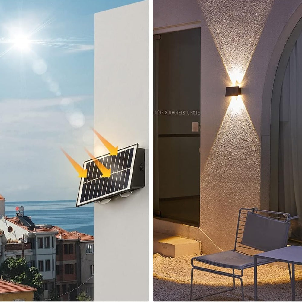 LAMPARA EXTERIOR DE PARED 4 LED RECARGABLE CON PANEL SOLAR LUZ LED SUPERIOR E INFERIOR YQ-W104